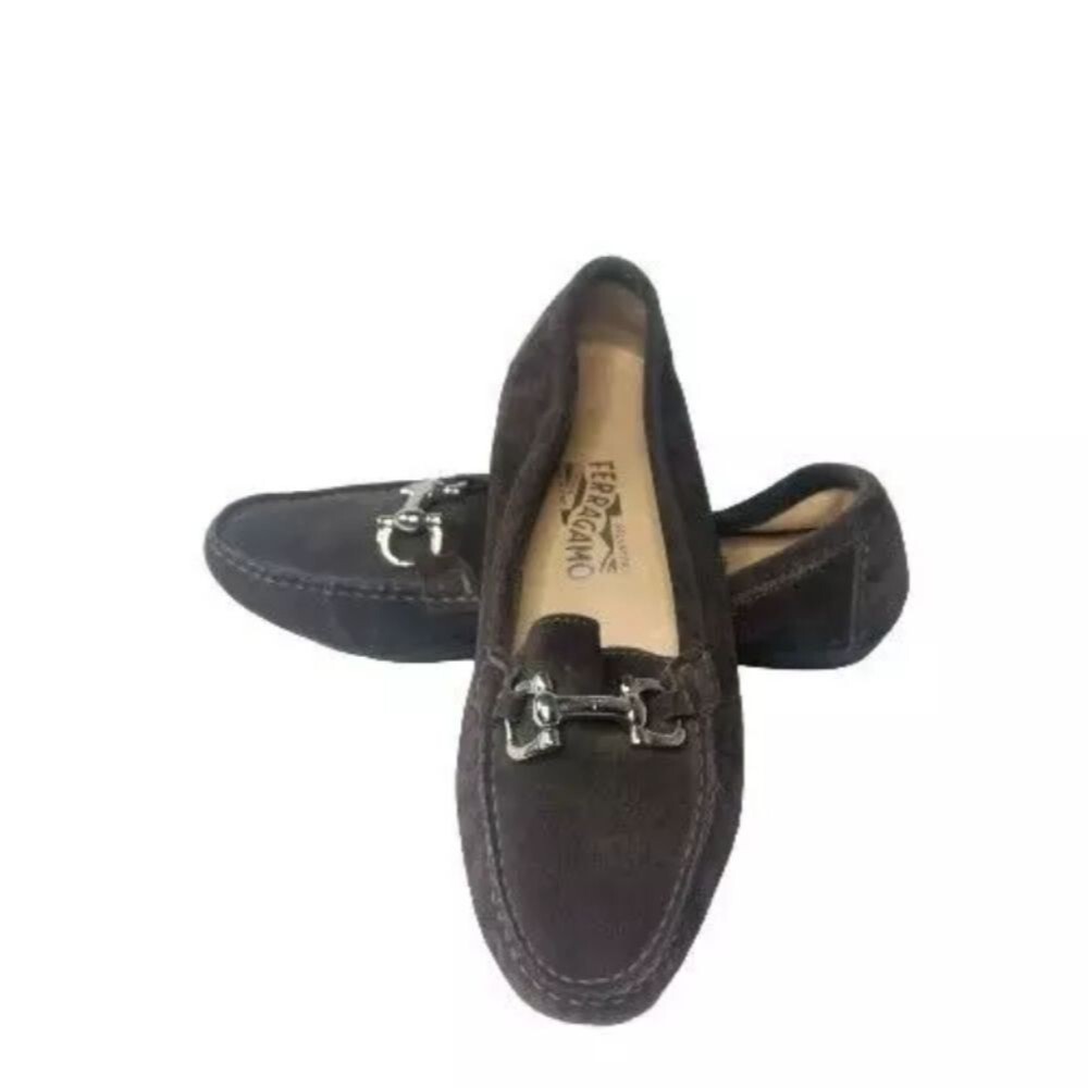 Salvatore Ferragamo Gancini Flats Women's 7.5 2A Shoes Narrow Brown Suede